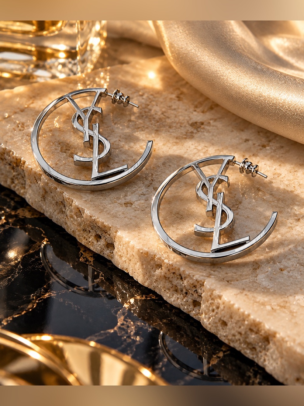 Silver Tone Logo Hoop Earrings Oversized Statement Monogram Hoops